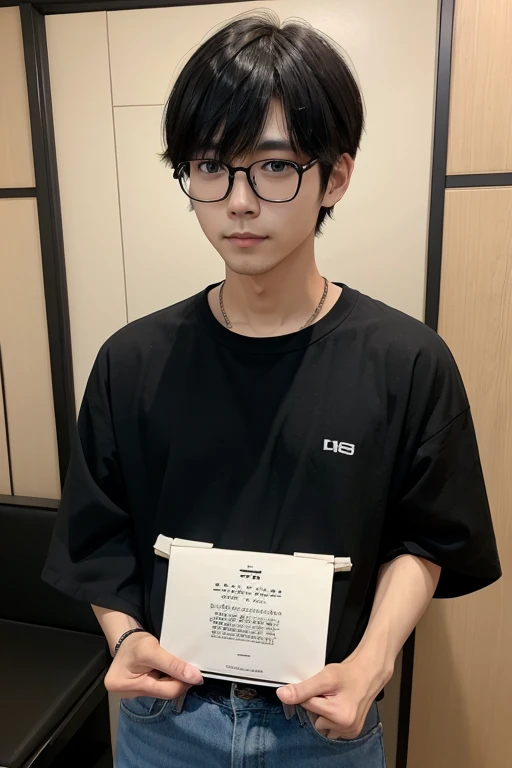 4、Japanese、male、short hair、bangs are thin、wearing black glasses、I&#39;m a little overweight、The outline is round、The beard is thin、Wearing a stylish shirt、Looking forward、Image from chest up、The whole head is visible、calm adult、The face is not good looking...