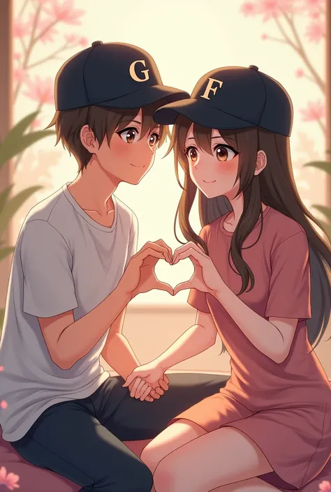 Photographs with the initials on his black cap G for man and F for woman, as a couple in love, with anime cartoons The couple is sitting and they are forming a heart with their hands