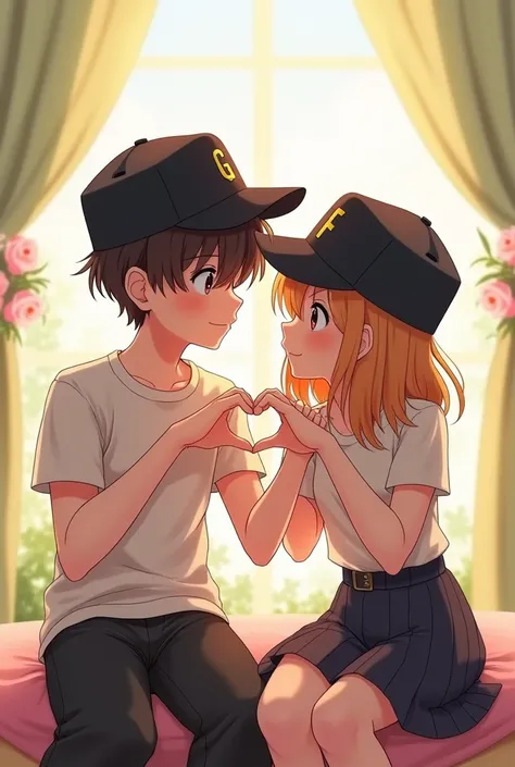 Photographs with the initials on his black cap G for man and F for woman, as a couple in love, with anime cartoons The couple is sitting and they are forming a heart with their hands