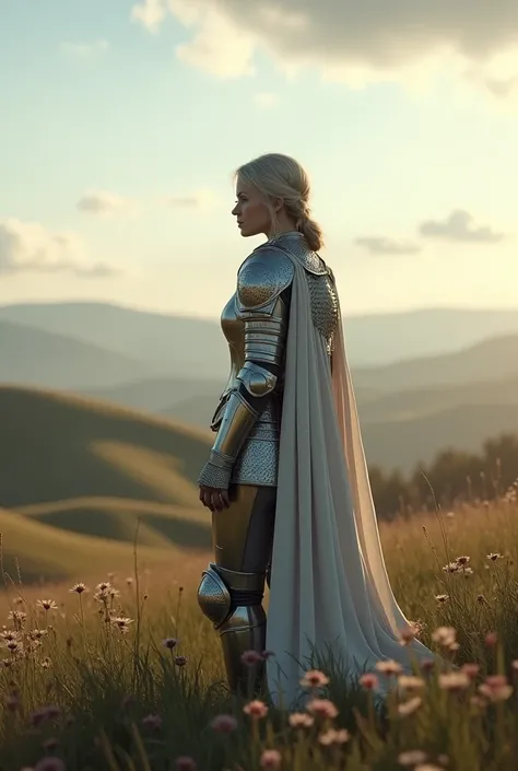 woman in knight armor, solitude, far away, peaceful morning landscape
