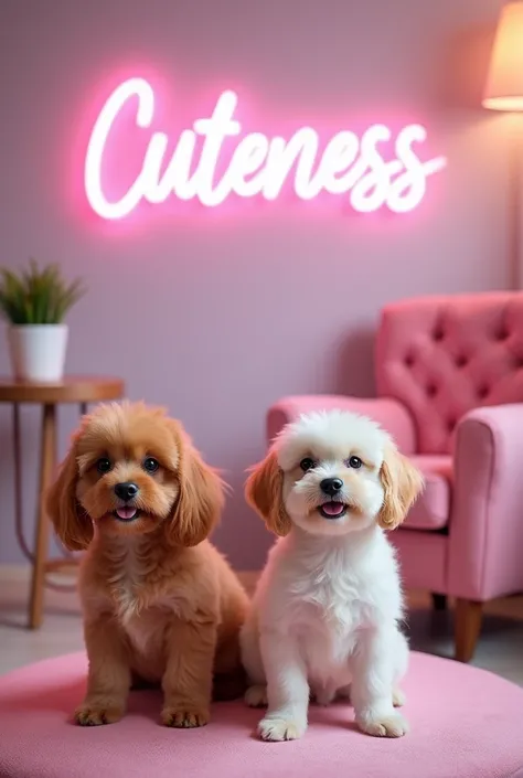 Photographic backdrop of a beauty center for dogs and cats, environment with LED writing cuteness in lilac Portuguese and a pink armchair 
