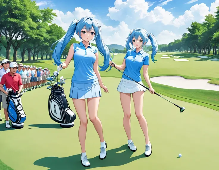 high quality,High resolution,16K、Light blue long hair、Beautiful twin-tailed golf player、Golf course with beautiful grass、Golf Tournaments、A large audience、during a golf game、Dynamic Angle