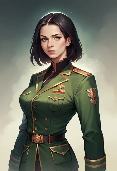 Luana is of medium height with medium black hair and brown eyes, defined body, military uniform, large bust, intricately detailed portrait, high quality digital art, 8k, photorealistic, cinematic lighting, dramatic color palette, fantasy concept art