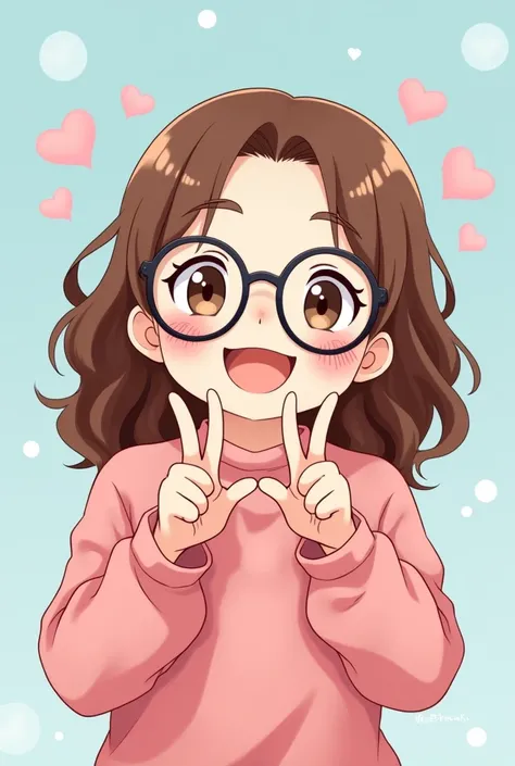 make an anime style animation of a half body chubby girl, with a round nose, wearing black glasses, long, very curly hair type 3B in brown color, eyes browns, wearing pink clothes and making a V hand. No fundo, add hearts and baby blue tones.