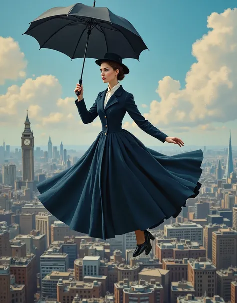 Cinematic Picture of The enigmatic magical nany [Mary Poppins:Emily Blunt:0.1] with her black umbrella shes levitates in the sky, with London City scene in Background, insanely detailed and intricate, photo realistic oil on canvas, Fon Lawrence style with ...