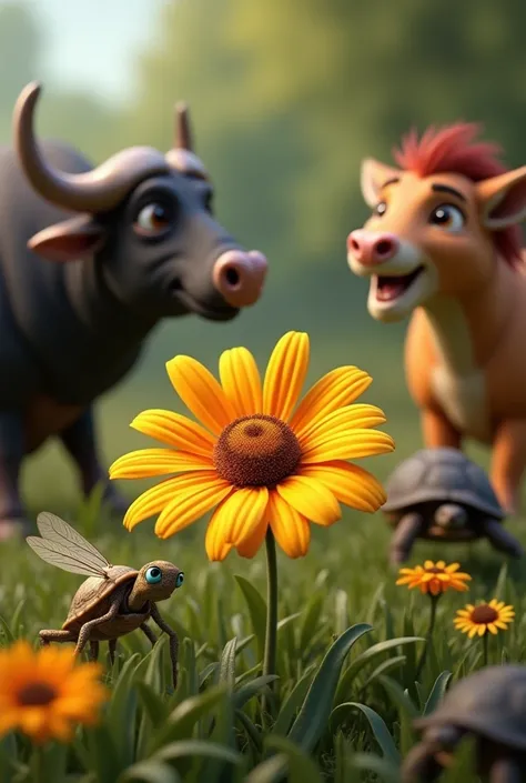 Realistic image of a daisy flower accompanied by a cicada and next to them a turtle, a buffalo and pumba (character from the lion king) 