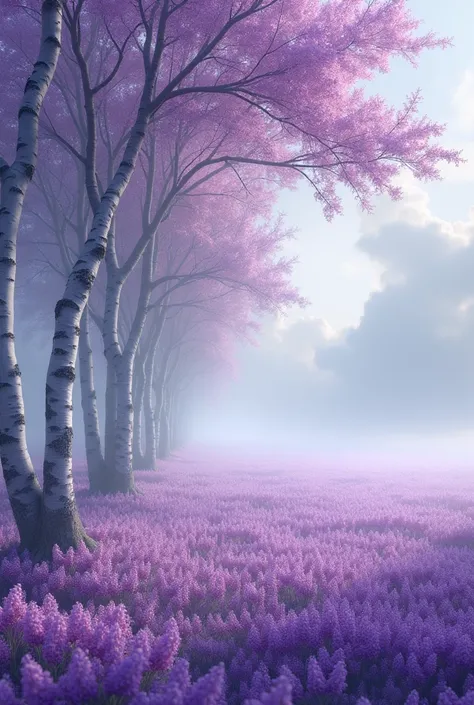 A birch forest filled with a lilac meadow with fog and greyish clouds with a whipping wind.