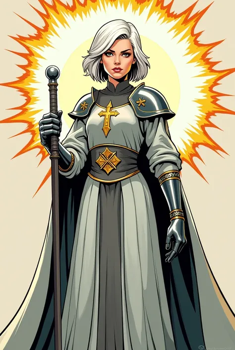 Create a female cleric with short white hair in the style of classic comic books. She wears stylized light armor, more symbolic than functional, fitting the comic book aesthetic. She holds a simple iron mace, not a hammer, with clear, defined lines that re...