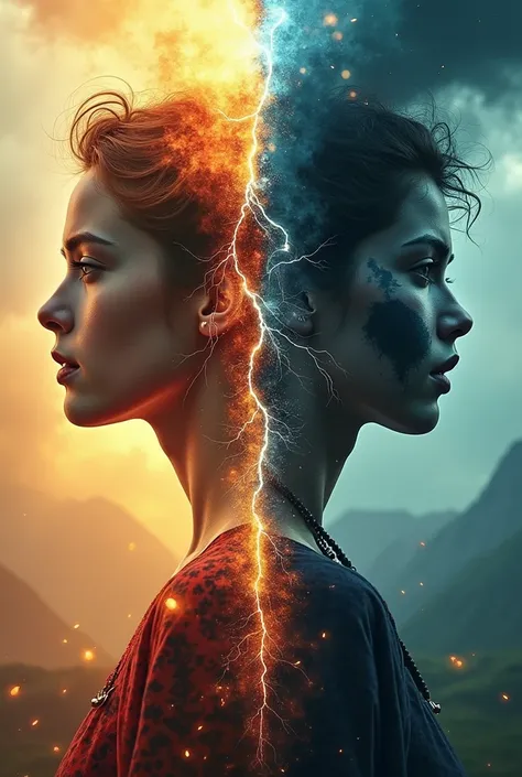 photoillustration of double exposure of split  vertically of {two different tones paradox world, 1girl(represent the good generate in bright color as peace and hope image), 1girl(represent the evil generate in dark gloom color as horrific image)},{(transpa...