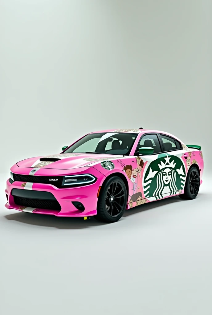 A 2023 dodge charger with a pink starbucks wrap