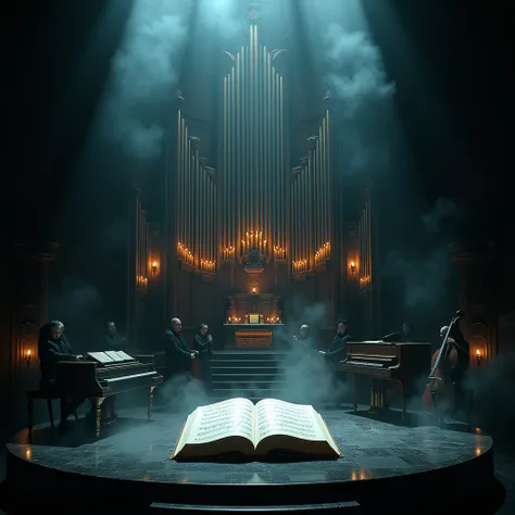 A dark stage with a large church organ in the background, surrounded by musical instruments such as violins, violonchelos, trumpets and electric guitars. The organ is covered with lighted candles, and there is smoke and fog rising from the ground, creating...