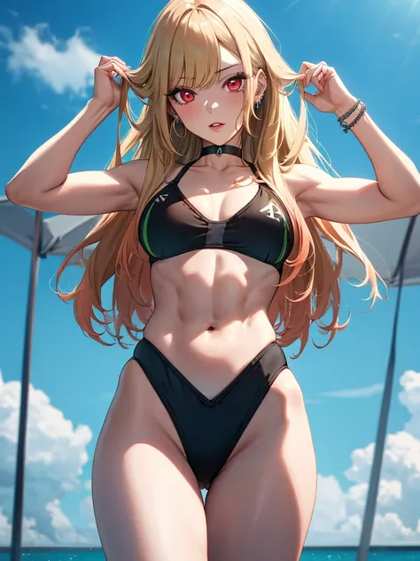 (Swimwear), Kitagawa Marine, muscle, athlete, Flat Chest, One girl, Blonde Hair, Long Hair, Multicolored Hair, Red eyes, jewelry, Earrings, Earrings, Black choker, uhd, retina, masterpiece, ccurate, anatomically correct, textured skin, super detail, high d...