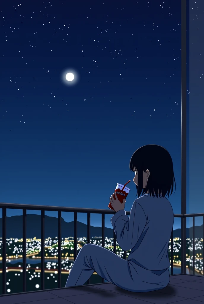 「Anime style illustration of a girl sitting on a balcony at night。The girl is standing against the backdrop of a starry night sky、Wearing pajamas and holding a soft drink cup, gazing at the view outside。Her hair is black、At shoulder length、The moon is floa...