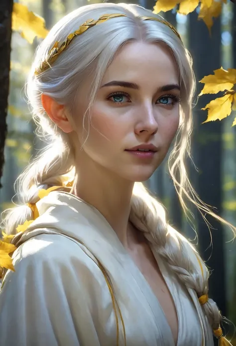 1 woman, inside a forest during the day, wearing a modest white robe with dark yellow details, slender body, detailed facial features, feminine blue eyes, clear and detailed skin, long white hair tied in two ponytails falling over her shoulders in the fron...