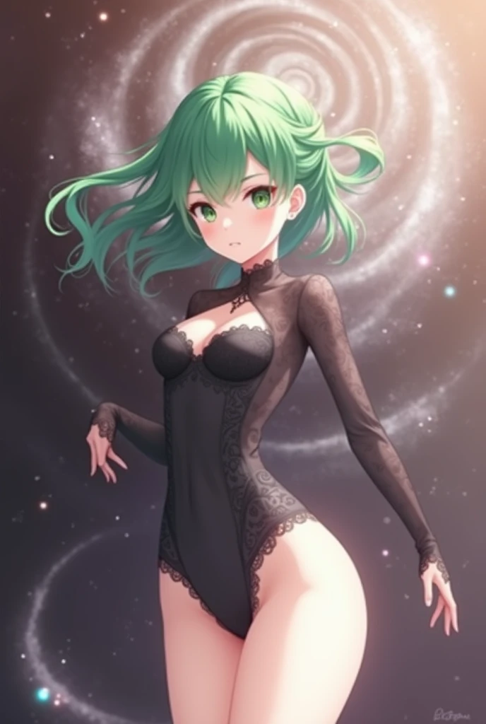 A beautiful, detailed anime girl with long green hair, piercing emerald eyes, flawless porcelain skin, and a slender, graceful figure, wearing a short black dress with intricate lace designs, levitating in a swirling vortex of wind and energy, 1girl, detai...