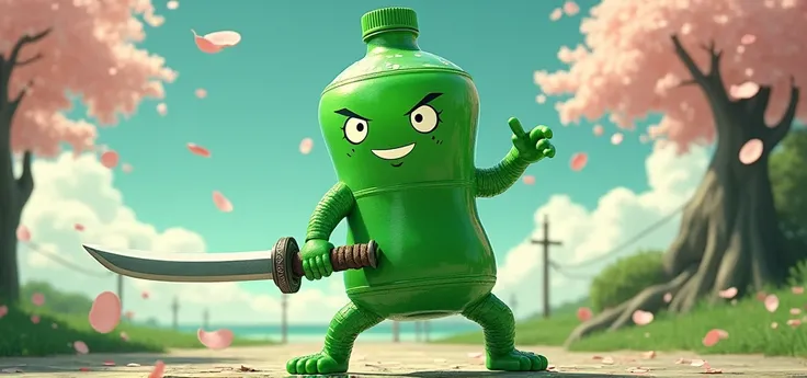  green pet bottle with human features, dollynho shinigami soda mascot with a katana
