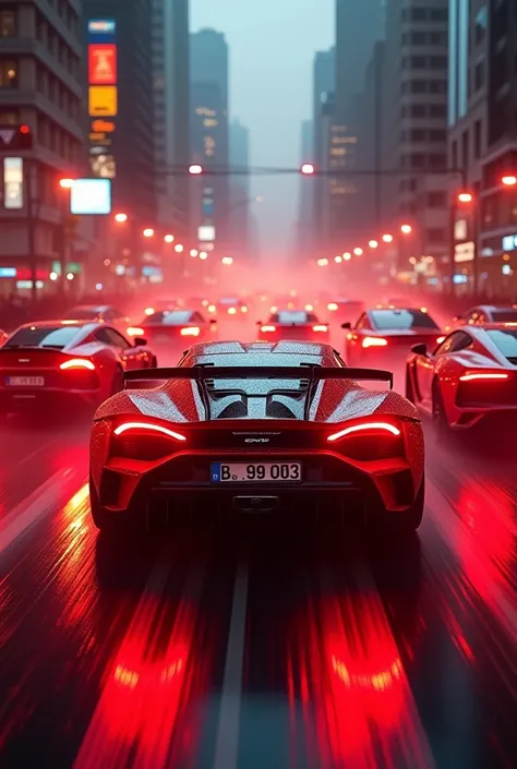 A scene of sports cars in a rally, red ambient lighting, blur of cars racing through the city in the race, I want cars like Lamborghini, Pagani, porsche, bugatti, ferrari, Koenigsegg and McLaren. Image with dimensions 512 x 800