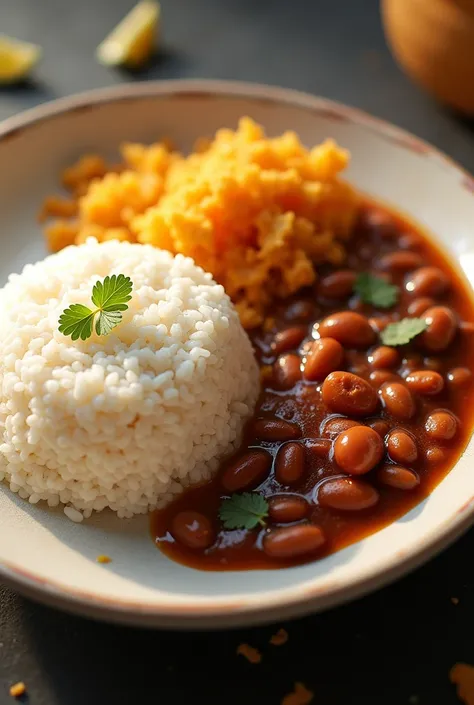 rice, beans and farofa on the plate 