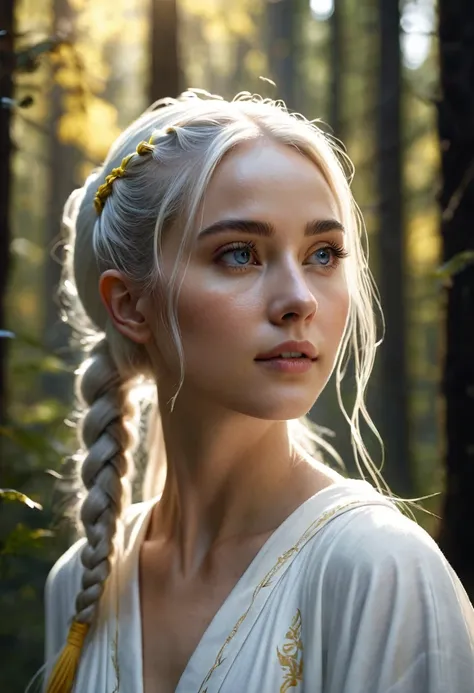 1 woman, inside a forest during the day, wearing a modest white robe with dark yellow details, slender body, detailed facial features, feminine blue eyes, clear and detailed skin, long white hair tied in two ponytails falling over her shoulders in the fron...