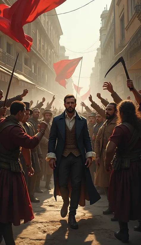 "Image showing a stunned aristocrat facing an angry revolutionary crowd."