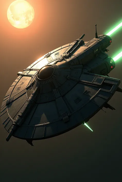 (masterpiece, photorealistic:1.4, extremely intricate:1.3), (photon mapping, radiosity, physically based rendering, ultra resolution, hyper-realistic, 8K), Star Wars style spaceship, round asymmetrical, green glowing power contrails, matte black, intense s...