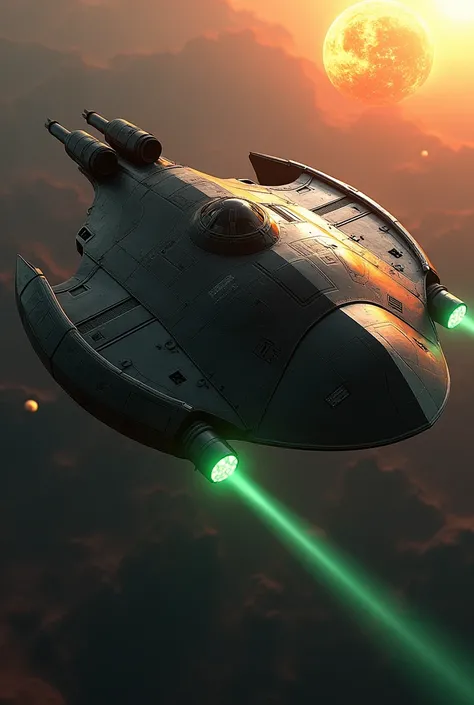 (masterpiece, photorealistic:1.4, extremely intricate:1.3), (photon mapping, radiosity, physically based rendering, ultra resolution, hyper-realistic, 8K), Star Wars style spaceship, round asymmetrical, green glowing power contrails, matte black, intense s...