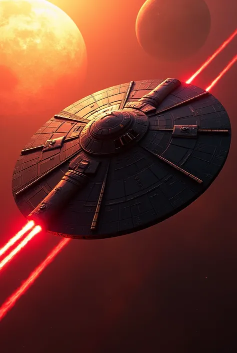 (masterpiece, photorealistic:1.4, extremely intricate:1.3), (photon mapping, radiosity, physically based rendering, ultra resolution, hyper-realistic, 8K), Star Wars style spaceship, round asymmetrical, red glowing power contrails, matte black, intense sun...