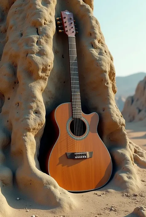 Create an image of a guitar stuck in a rock