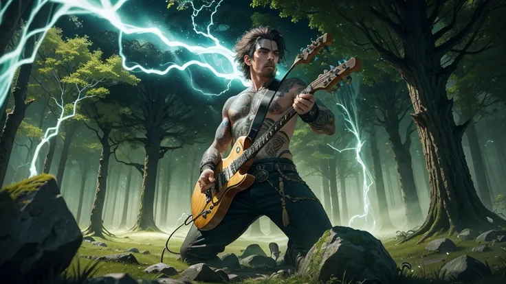 Create a Celtic rock-themed thumbnail featuring a mystical forest with ancient stone circles. At the center, a warrior with Celtic tattoos wields an electric guitar, surrounded by glowing green light and mist. Incorporate Celtic symbols like triskelions an...