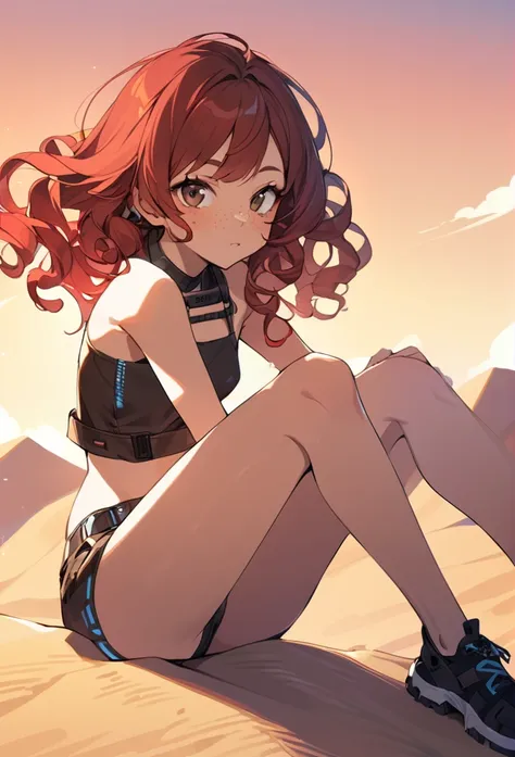 A woman, 20 years old, red hair, curly hair,((( very brown eyes))), cyberpunk outfit, summer outfit ,desert background, freckles, small breast, legs