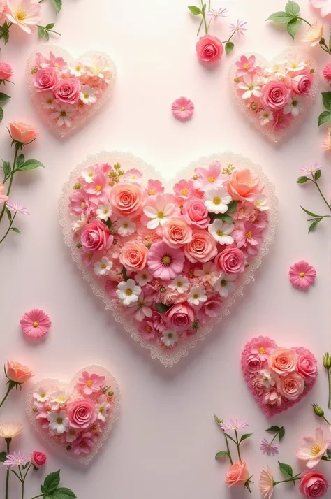 Create a presentation-type video showing different types of flowers inside hearts 