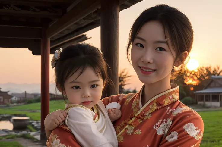 ,"Three Auntie, +prompts: A portrait of a warm and welcoming woman, wearing a traditional Chinese dress, with a gentle smile, holding a baby in her arms, set against a backdrop of a rural homestead during sunset.",