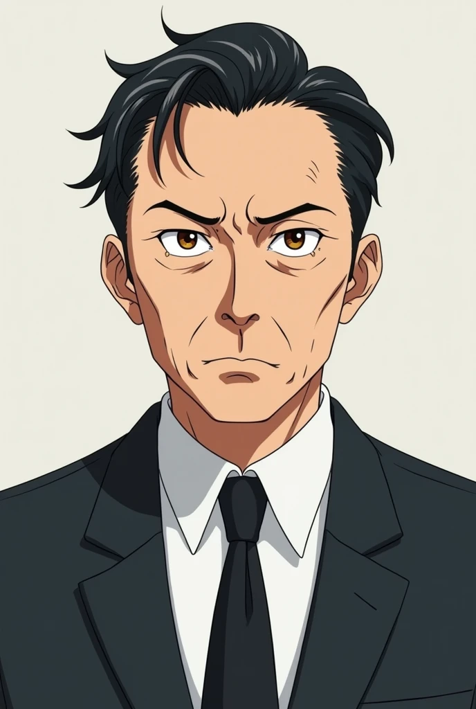 60 year old Japanese man wearing an office suit with black dyed hair and serious with amber eyes and a very blank anime style expression
