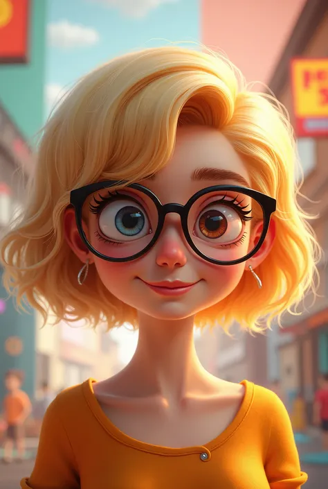 Pixar style short haired blonde woman wearing glasses, a little crazy