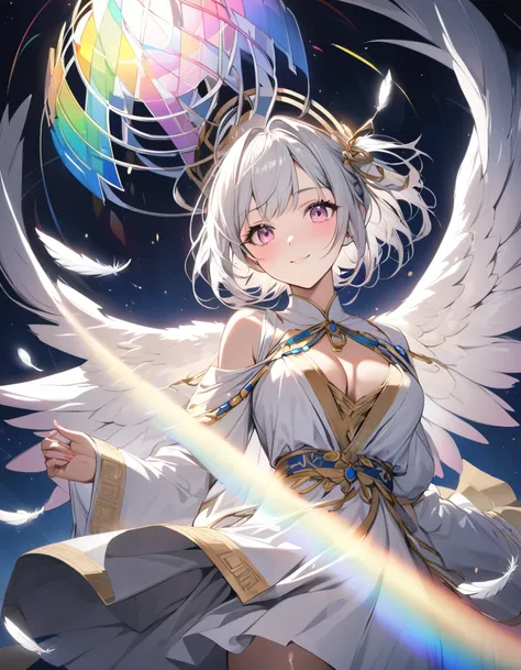 (masterpiece)、(absurdres)、(ultra detailed)、(8k),((Woman with angel wings:1.2)),Floating white feathers:1.4,(soft lighting:1.2),smile,cowboy shot,(Greek national costume:1.2),front,((solo girl),(white hair),shortcut hair,(shiny pink eyes),(middle breast:0.9...