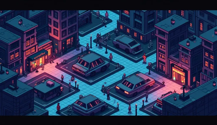 
pixel art, Create an 8-bit pixel art scene using dot graphics, night, city street map, styled like a retro RPG game