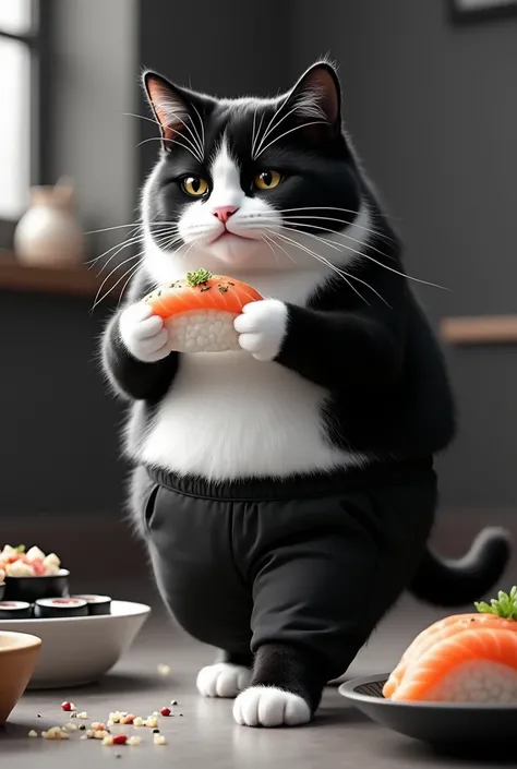 black and white tuxedo cat eating sushi, fat cat, walking with pants