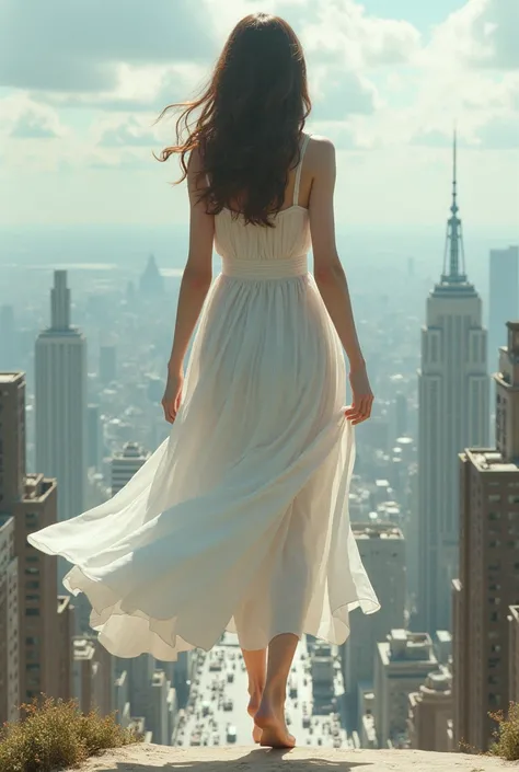 ((High definition, Masterpiece, 8k, Digital Photography, Digital Art)), ((Natural illumination)), contrast, white illumination, ((A young giantess walking over a tiny city)), young face, pale skin, brown hair, ((Teenage girl)), ((White dress)), sunny day, ...