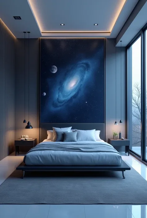 Create a minimalist men&#39;s bedroom with blue, white and black colors and outer space decorations