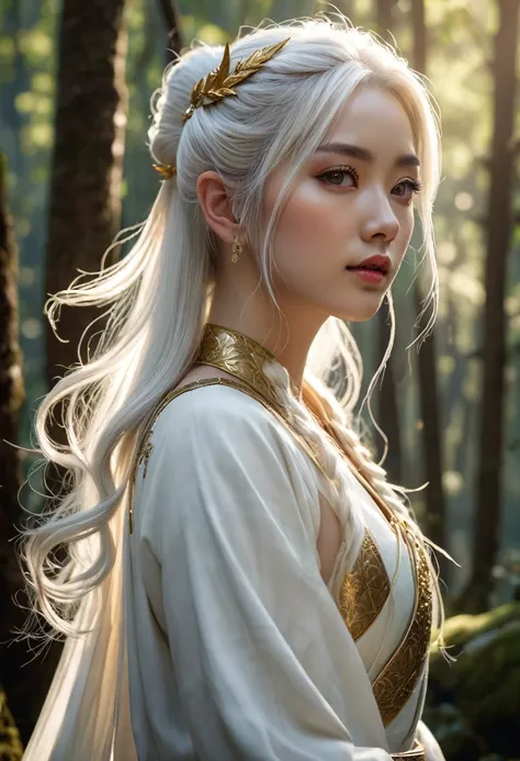 A woman, Japanese, she has elf ears, long white hair tied in two ponytails falling over both shoulders, (((a woman with long white hair princess 1.7)))(((very beautiful))), perfect faces, full body, she is in a forest during the day with sunlight on her fa...