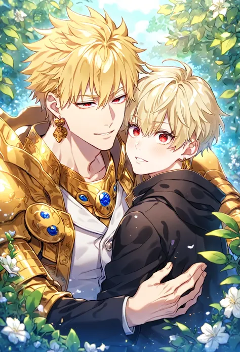 absurdres, highres, ultra detailed, HDR, master piece, best quality, extremely detailed, detailed eyes, detailed face, Gilgamesh, blonde hair, expressive red eyes, golden earrings, Fate Grand Order, Gojou Satoru, a manly man together with a boy of ten year...