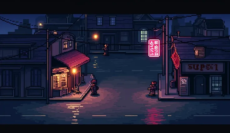 
8-bit pixel art scene using dot graphics, night, city street, styled like a retro RPG game, neon sign