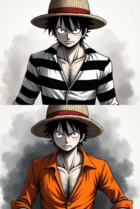 Monkey D. Luffy in a black and white striped long-sleeved prison uniform and Monkey D. .... Luffy in orange long sleeve prison uniform Original anime One Piece 