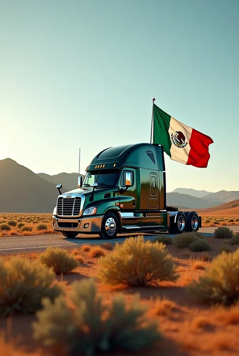 Create an image of a Freightliner Cascadia truck in a landscape and that has the Mexican flag and also has the surname "hills"
