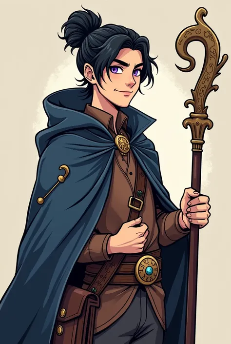 Create a male mage with black hair styled in a coque (bun), and vibrant purple eyes. He wears a dark blue cloak over a brown shirt, with the cloak having intricate patterns or magical symbols. He holds an ornate staff and carries a classic D&D-style satche...