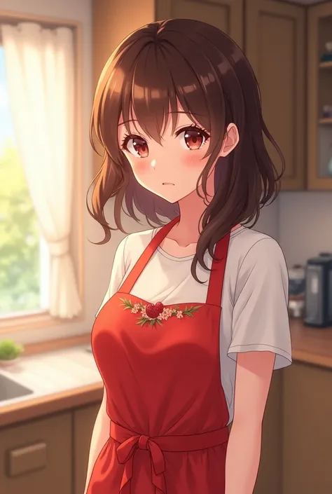 Anime Housewife with brown hair, red apron and red eyes 2