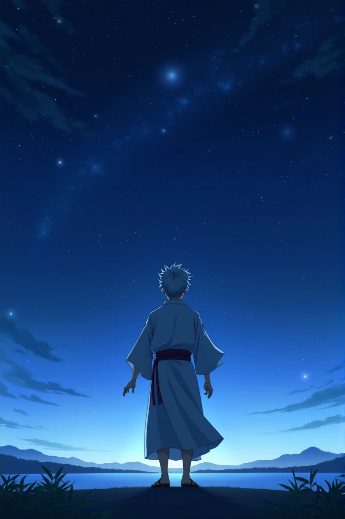 Gintama wallpaper turning his back with the starry night in the background?