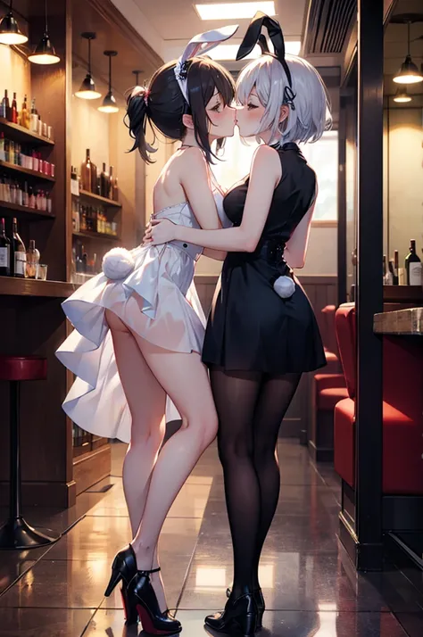 (masterpiece), 4K,{{{2 women}}}, Bunny girl,High leg,Lesbian，shoes，Girls Bar,Random Hairstyles,Bunny ears,kiss,((Lesbian kiss )),Shooting from afar,Amitants