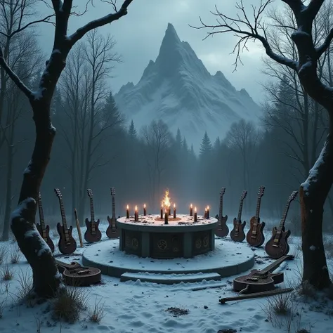 A dark and frozen forest, with bare, twisted trees reaching up into a grey, stormy sky. In the middle, a stone altar covered with black candles and occult symbols, surrounded by broken and rusty musical instruments, like guitars and drums. The ground is co...