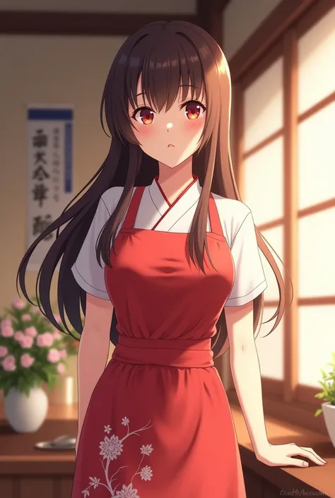 Anime Housewife with long brown hair, red apron and red eyes 2